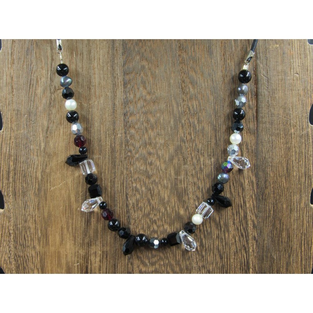 16" Sterling Silver Black Clear Crystals And Faux Pearls Necklace Vintage